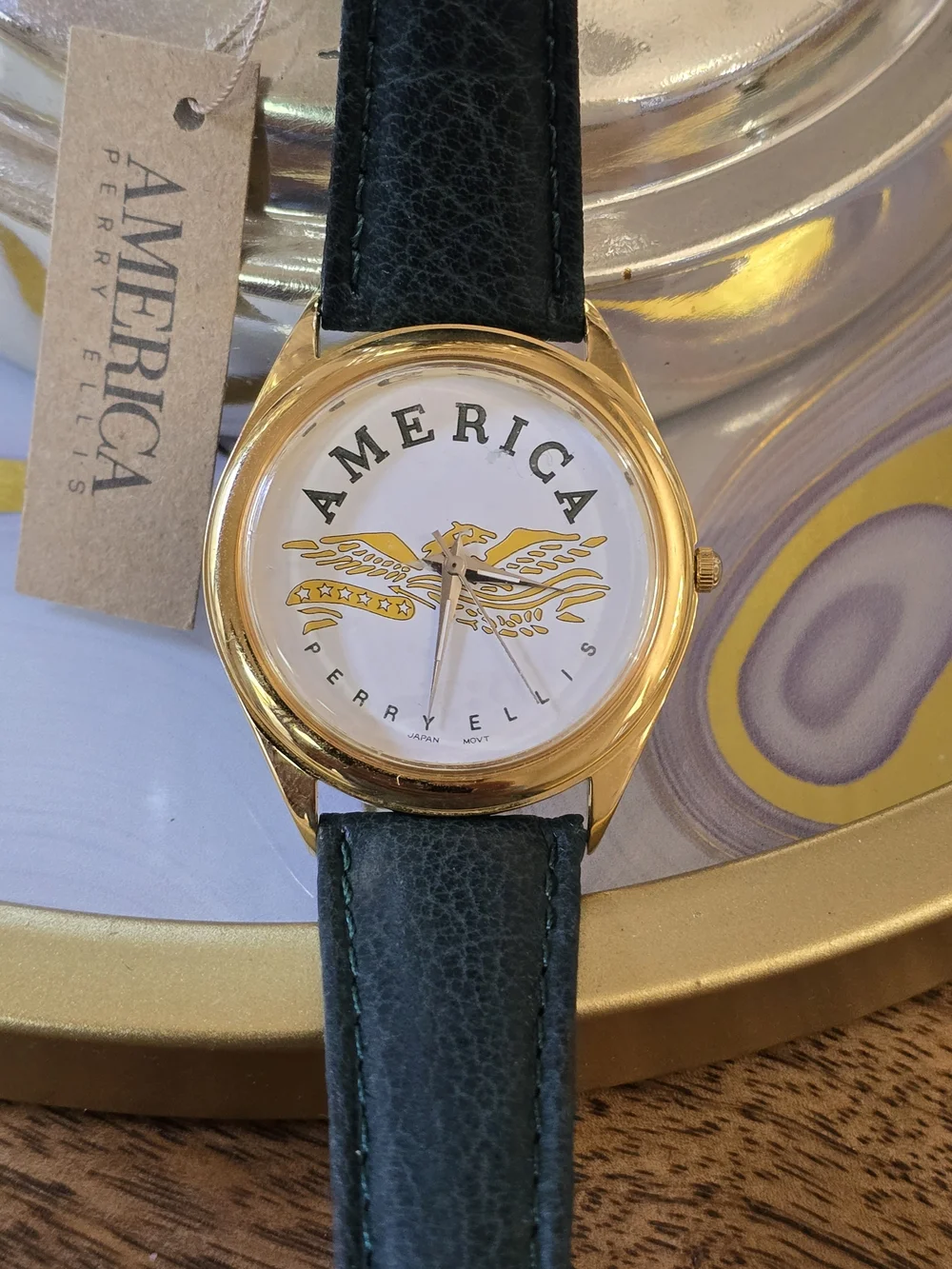 Perry Ellis Gold-Tone Watch with Black Leather Strap